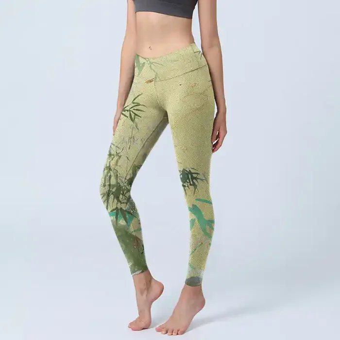 Buddha Stones Bamboo Print Lycra Fabric Fitness Leggings Women‘s Yoga Pants