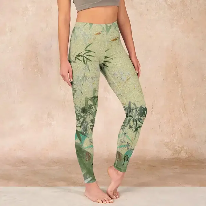 Buddha Stones Bamboo Print Lycra Fabric Fitness Leggings Women‘s Yoga Pants
