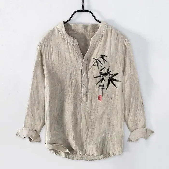 Buddha Stones Bamboo Zen Character Pattern Half Buttons Men‘s Cotton Linen Long Sleeve Shirt