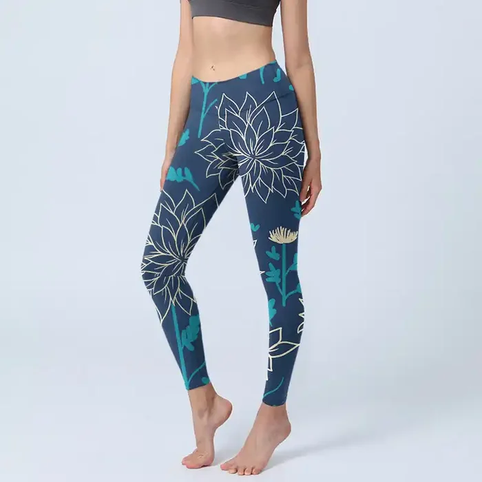Buddha Stones Beige Flowers Blue Leaves Print Gym Leggings Women‘s Yoga Pants