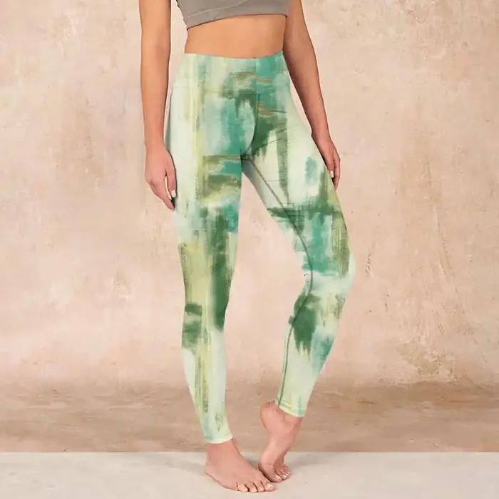 Buddha Stones Beige Green Tie Dye Print Exercise Leggings Women‘s Yoga Pants