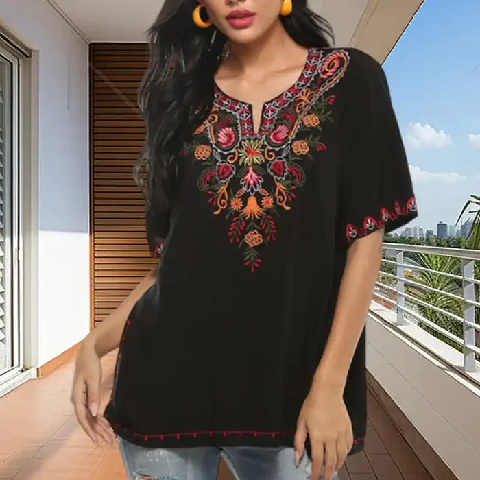 Buddha Stones Black Casual Embroidery Flower Design Half Sleeve Notched Cotton Women‘s T-Shirt