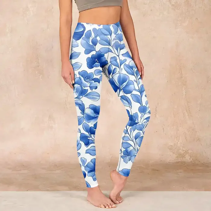 Buddha Stones Blue Flowers Print Fitness Leggings Women‘s Yoga Pants