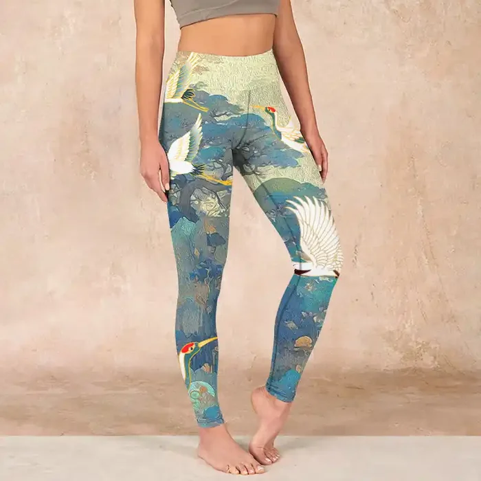 Buddha Stones Blue Red-crowned Crane Pine Tree Print Gym Leggings Women‘s Yoga Pants