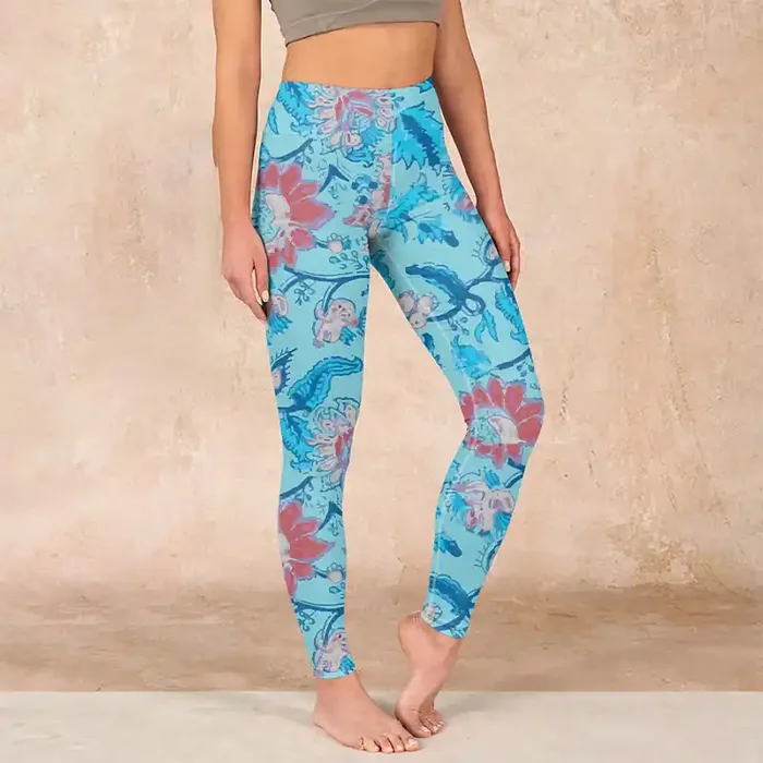 Buddha Stones Blue Red Flowers Leaves Print Gym Leggings Women‘s Yoga Pants