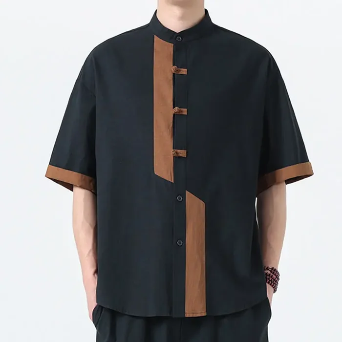 Buddha Stones Casual Color Matching Chinese Frog-Button Design Tang Suit Men‘s Half Sleeve Cotton Linen Shirt