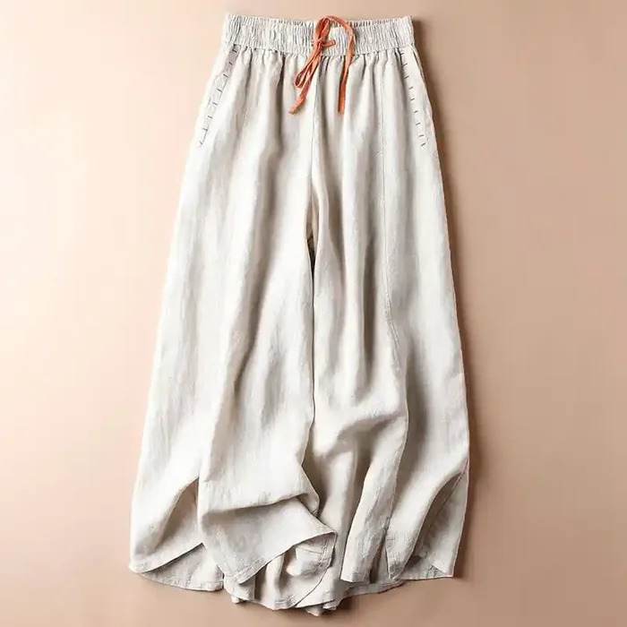 Buddha Stones Casual Cotton Slit Hem Women‘s 7-8 Length Wide Leg Pants With Pockets