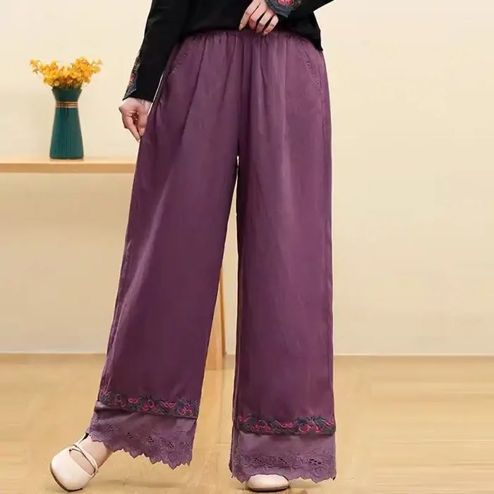Buddha Stones Casual Embroidered Lace Cotton Linen Women‘s Wide Leg Pants With Pockets