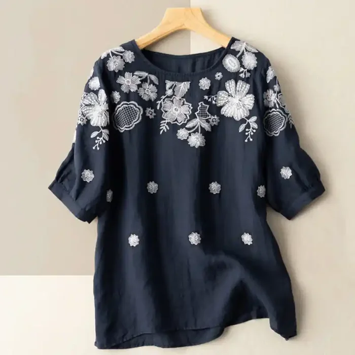 Buddha Stones Casual Embroidered Petals Women‘s Crew Neck Design Half Sleeve Cotton T-Shirt