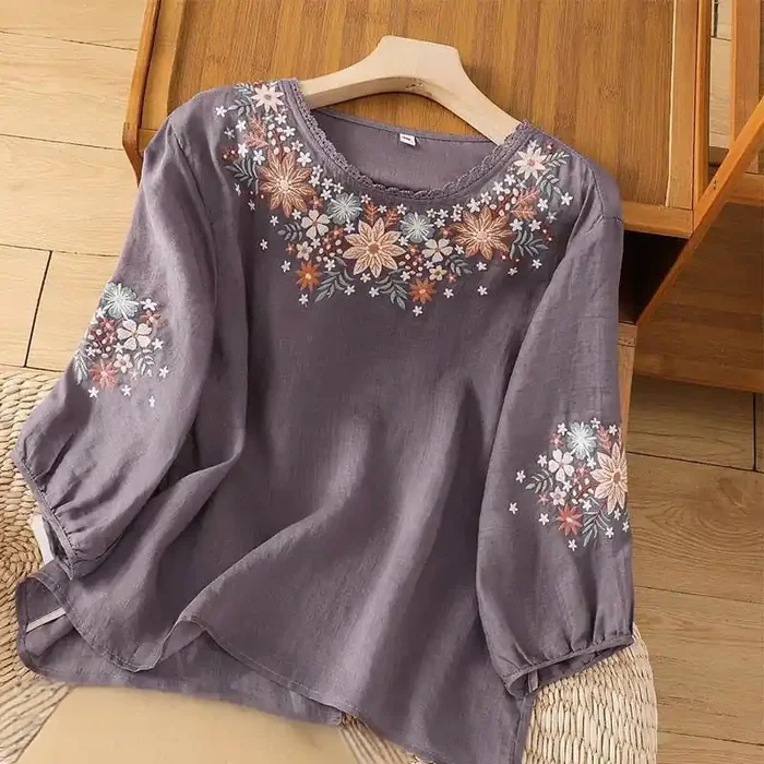 Buddha Stones Casual Flower Leaf Embroidery Women‘s Crew Neck Design Three Quarter Sleeve Cotton Linen T-shirt