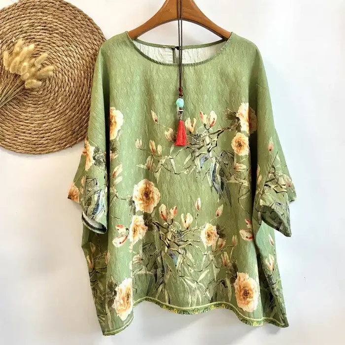 Buddha Stones Casual Loose Print Petals Women‘s Crew Neck Design Half Sleeve Polyester T-shirt