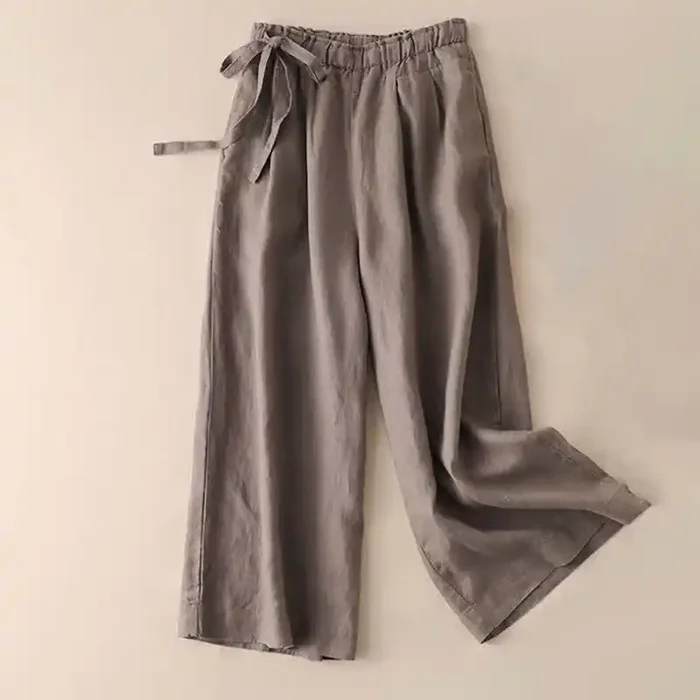 Buddha Stones Casual Plain Color Lace-up Cotton Linen Women‘s Wide Leg Pants
