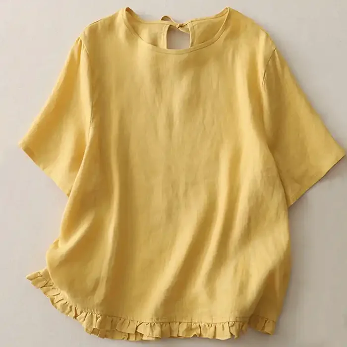 Buddha Stones Casual Plain Ruffled Hem Crew Neck Tie Women‘s Polyester T-shirt