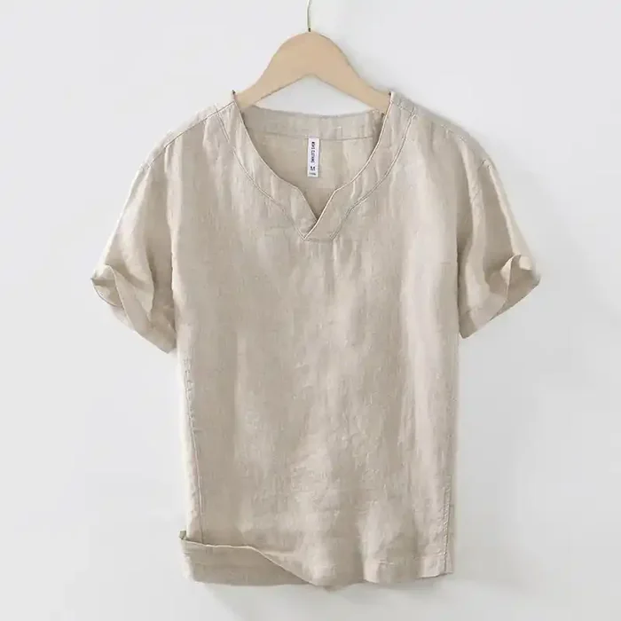 Buddha Stones Casual Plain V-neck Short Sleeve Linen Men‘s Shirt
