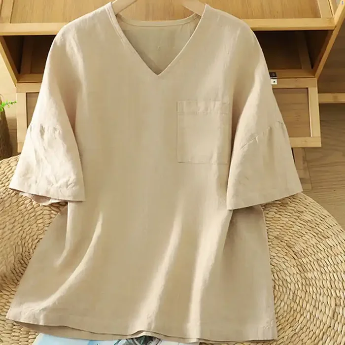 Buddha Stones Casual Plain Women‘s Cotton Linen V-Neck T-shirt With Pocket