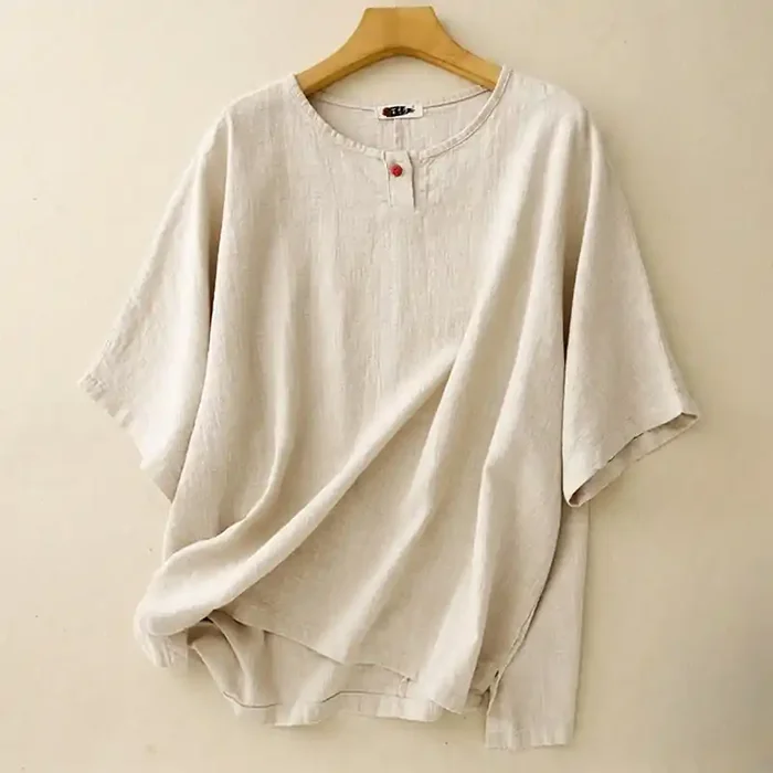 Buddha Stones Casual Plain Women‘s Crew Neck Design Loose Half Sleeve Cotton Linen T-shirt