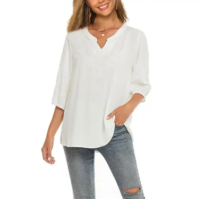 Buddha Stones Casual Solid Color Embroidery Flower Three Quarter Sleeve V-Neck Cotton Women‘s T-Shirt