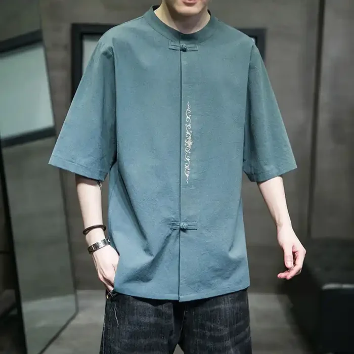 Buddha Stones Casual Solid Color Frog-Button Embroidery Men‘s Cotton Linen Shirt Cardigan