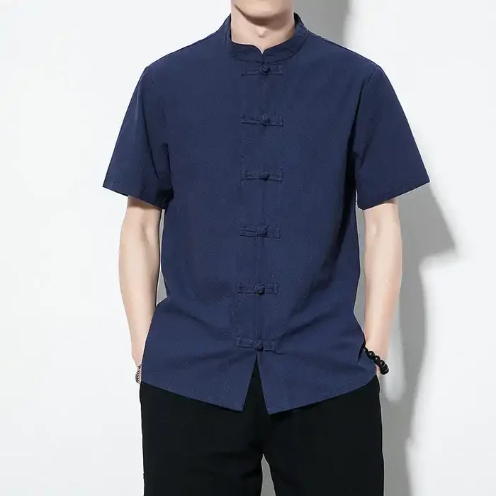 Buddha Stones Casual Solid Color Front Frog Buttons Chinese Tang Suit Short Sleeve Linen Men‘s Shirt