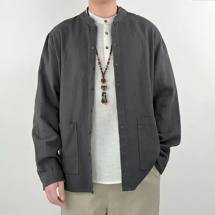 Buddha Stones Casual Solid Color Ramie Linen Cotton Men‘s Shirt With Pockets