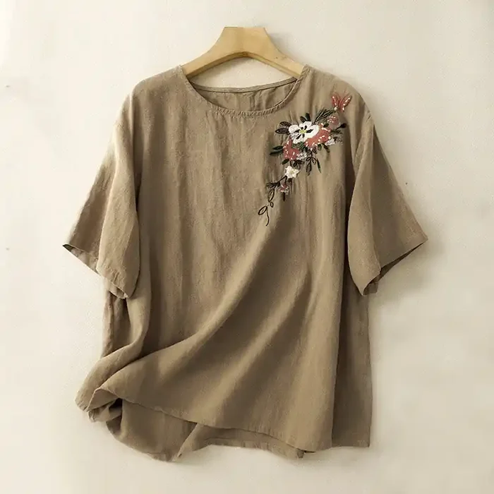 Buddha Stones Casual Summer Embroidered Crew Neck Women‘s Cotton Short Sleeve T-shirt