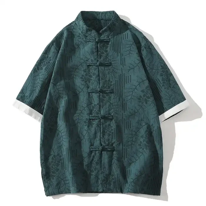 Buddha Stones Casual Summer Jacquard Floral Pattern Frog-Button Men‘s Stand Collar Contrasting Color Half Sleeve Cotton Cardigan Shirt