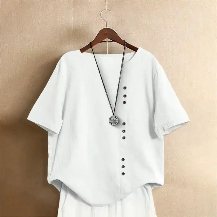 Buddha Stones Casual Summer Pure Color Jacquard Button Crew Neck Cotton Women‘s Short Sleeve T-Shirt