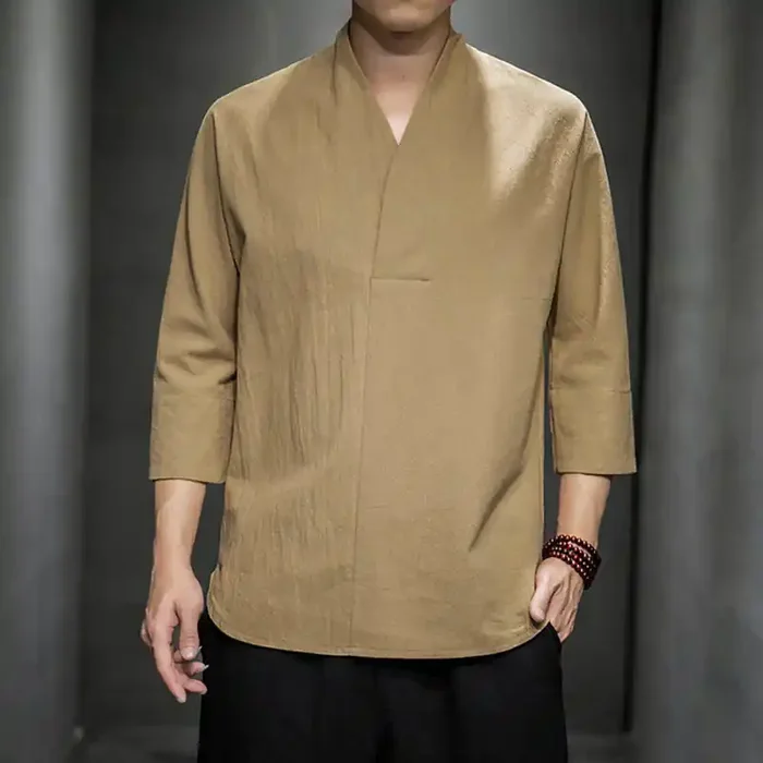 Buddha Stones Casual V-Neck Three Quarter Sleeve Shirt Cotton Men Clothing