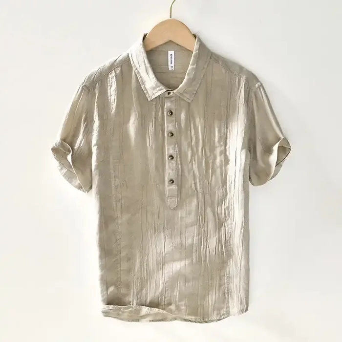 Buddha Stones Causal Plain Lapel Ramie Linen Half Button Men‘s Shirt