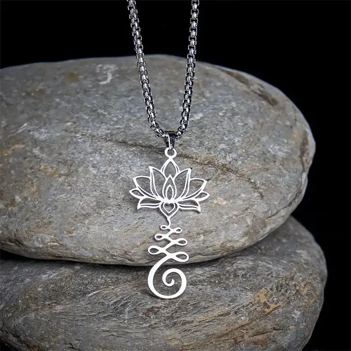 Buddha Stones Chakra Symbol Irregular Design Lotus Stainless Steel Enlightenment Necklace Pendant