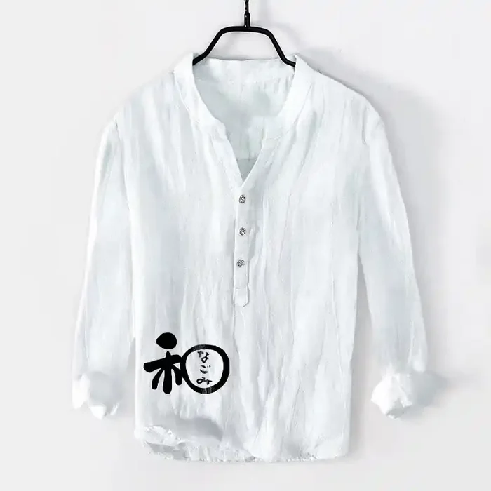 Buddha Stones Chinese Character Harmony Pattern Half Buttons Men‘s Cotton Linen Long Sleeve Shirt