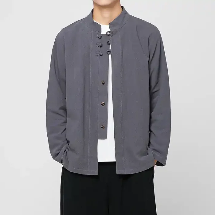 Buddha Stones Chinese Frog-Button Side Slit Men‘s Long Sleeve Cotton Tang Suit Shirt