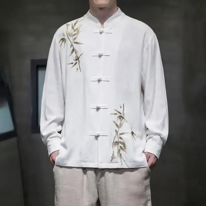 Buddha Stones Chinese Frog-Button Tang Suit Bamboo Leaves Long Sleeve Shirt Cotton Linen Men‘s Jacket