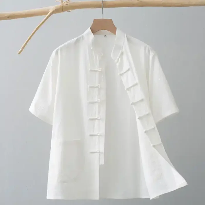 Buddha Stones Chinese Frog-Button Tang Suit Men‘s Short Sleeve Shirt Cotton Linen Clothing With Pockets