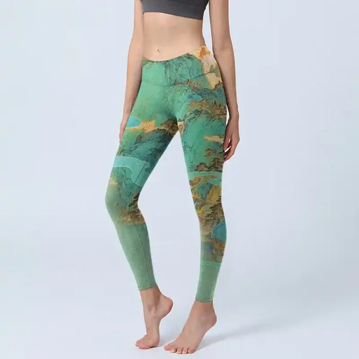 Buddha Stones Chinese Style Green Mountains Landscape Print Lycra Fabric Fitness Leggings Women‘s Yoga Pants