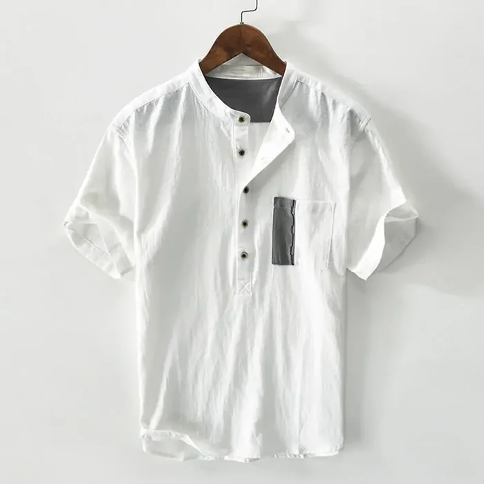 Buddha Stones Color Contrast Half Button Men‘s Short Sleeve Cotton Linen Shirt With Pocket