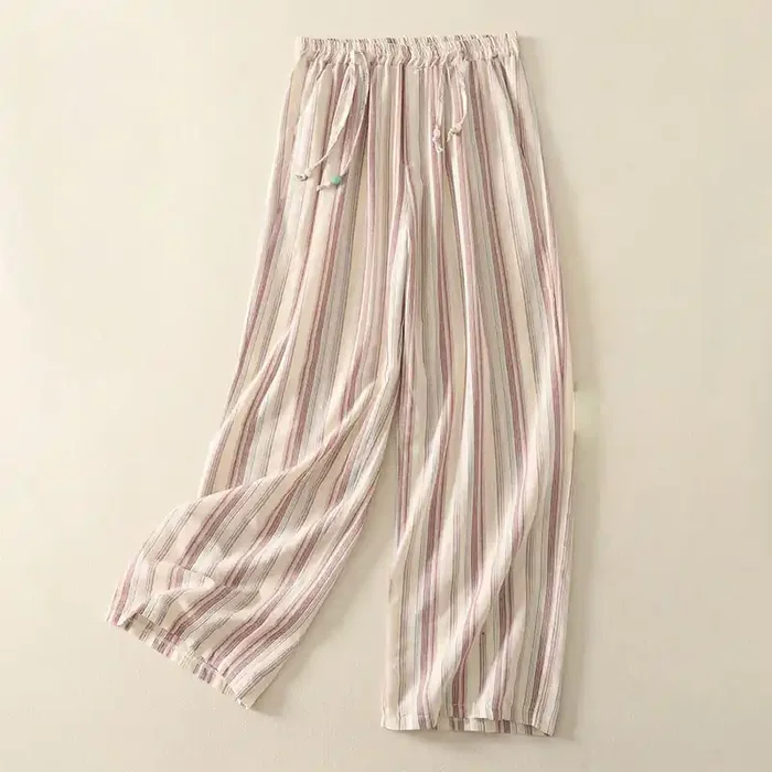 Buddha Stones Color Vertical Stripes Cotton Women‘s Wide Leg Pants With Pockets