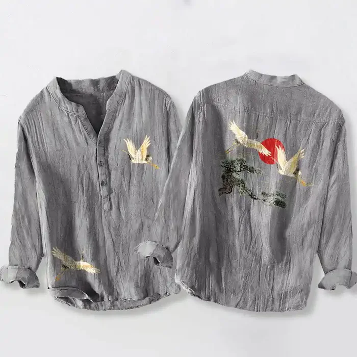 Buddha Stones Crane Red Sun Pine Tree Pattern Half Buttons Men‘s Cotton Linen Long Sleeve Shirt