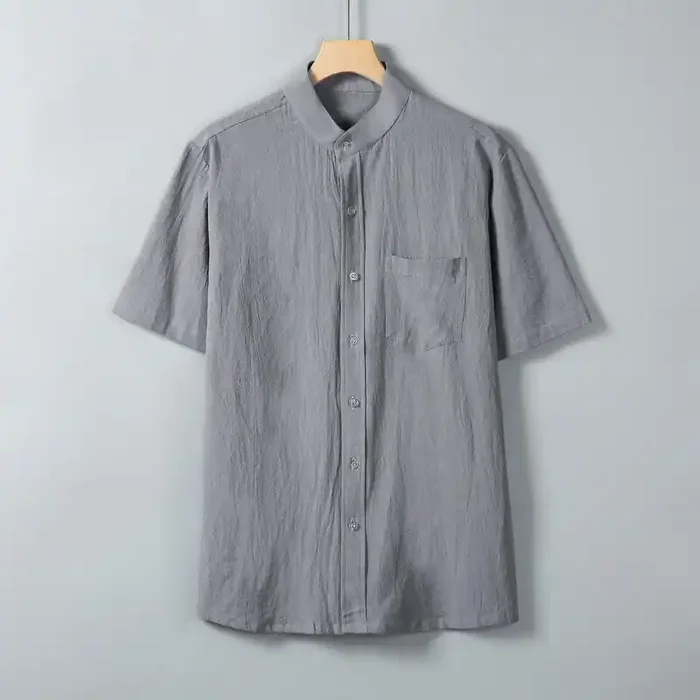 Buddha Stones Daily Printing Solid Color Single Breasted Men‘s Short Sleeve Cotton Linen Shirt WIth Pockets