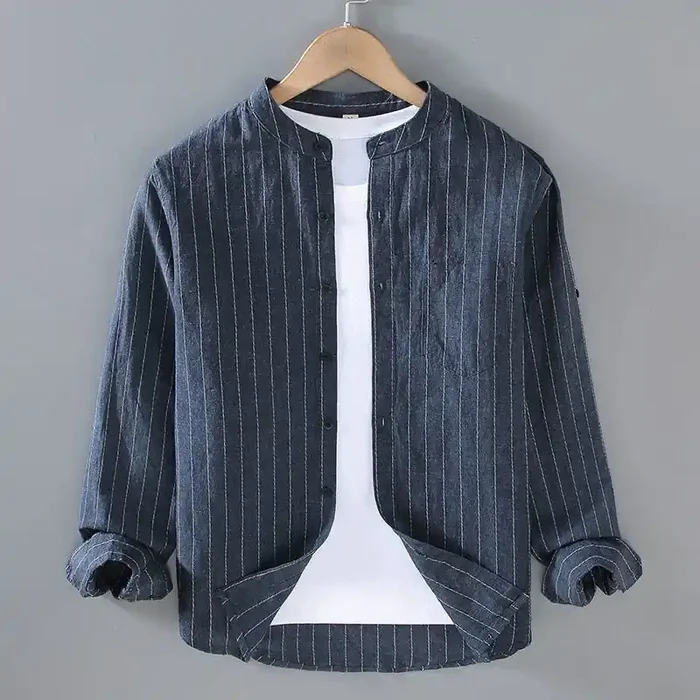 Buddha Stones Daily Tang Suit Men‘s Striped Pattern Cotton Linen Long Sleeve Shirt