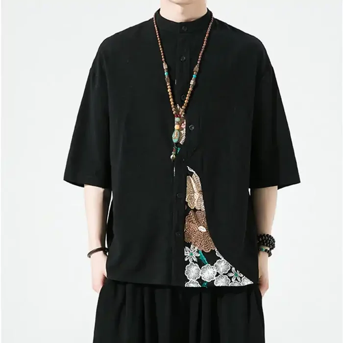 Buddha Stones Embroidery Patchwork Simple Design Three Quarter Sleeve Men‘s Cotton Linen Shirt