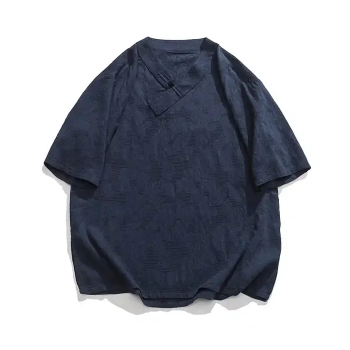 Buddha Stones Ethnic Distressed Jacquard Frog-Button Men‘s Stand Collar Half Sleeve Cotton Linen Shirt Tai Chi Clothes