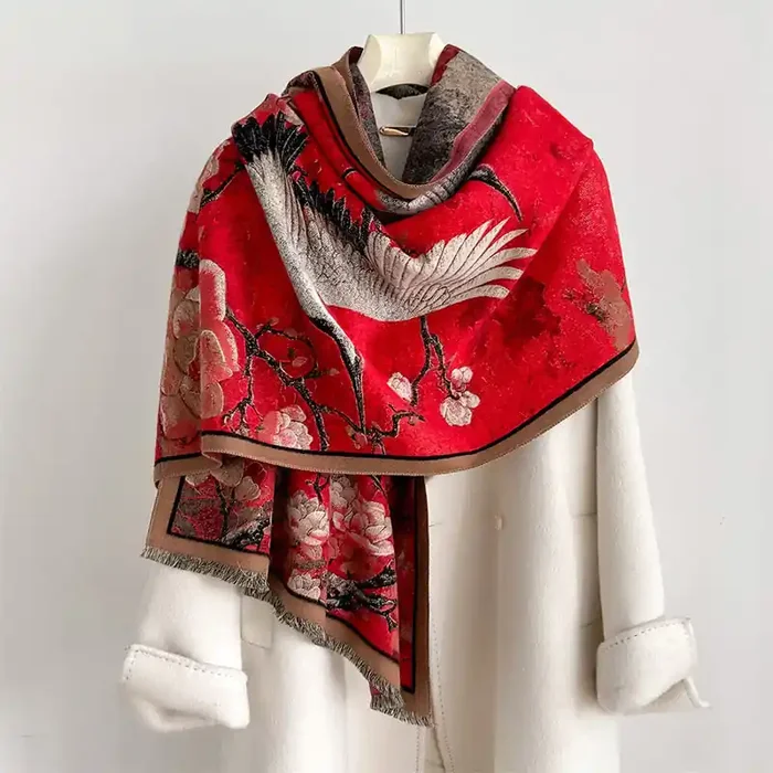 Buddha Stones Fall Crane Lotus Plum Blossom Pattern Tassels Cozy Soft Scarf Shawl
