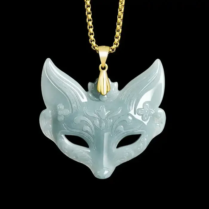 Buddha Stones Fox Mask Jade Titanium Steel Necklace Luck Pendant