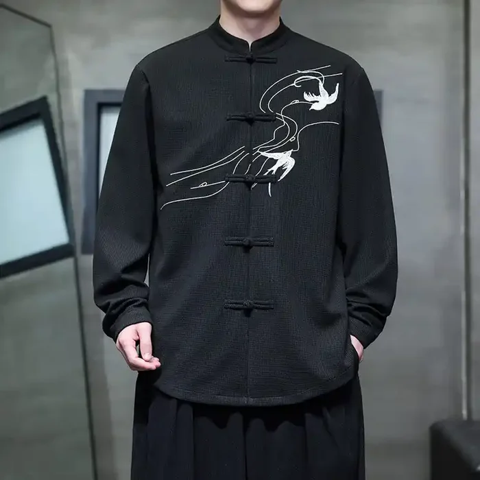 Buddha Stones Frog-Button Swallow Embroidery Stand Collar Long Sleeve Tang Suit Men‘s Shirt
