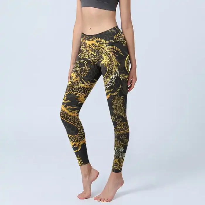 Buddha Stones Golden Dragon Print Gym Leggings Women‘s Yoga Pants