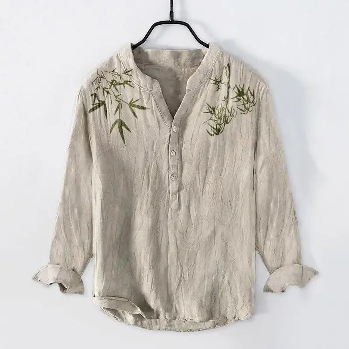 Buddha Stones Green Bamboo Leaves Pattern Half Buttons Men‘s Cotton Linen Long Sleeve Shirt