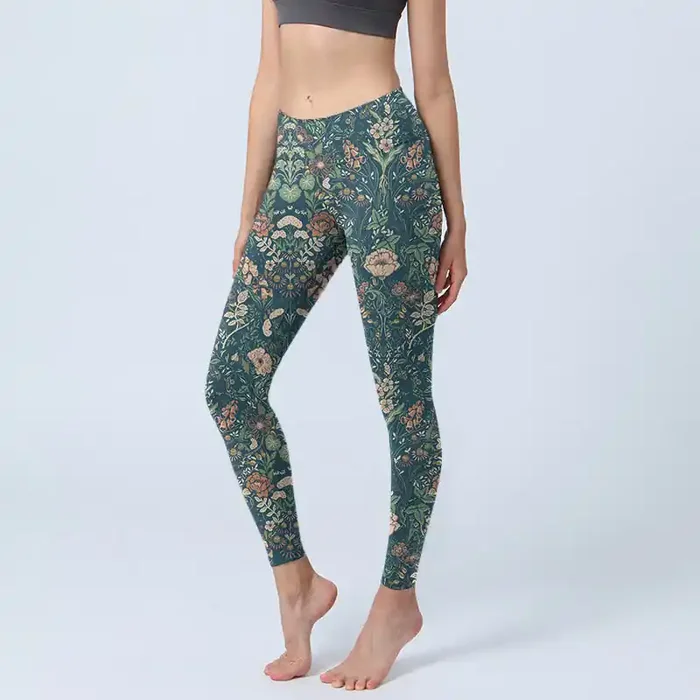 Buddha Stones Green Stitching Flowers Vines Pattern Print Gym Leggings Women‘s Yoga Pants