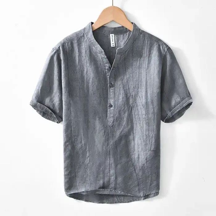 Buddha Stones Half Button Short Sleeve V-neck Ramie Cotton Men‘s Shirt