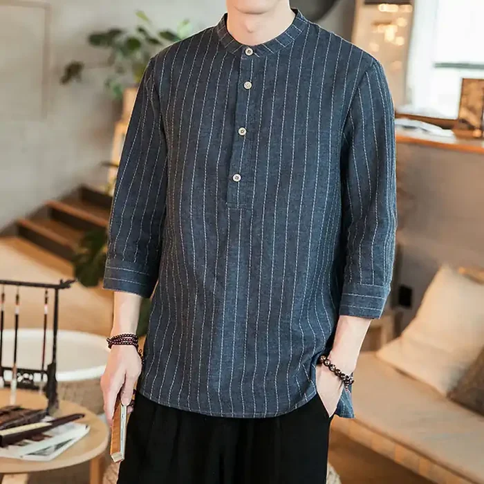 Buddha Stones Half Button Striped Three Quarter Sleeves Linen Men‘s Shirt